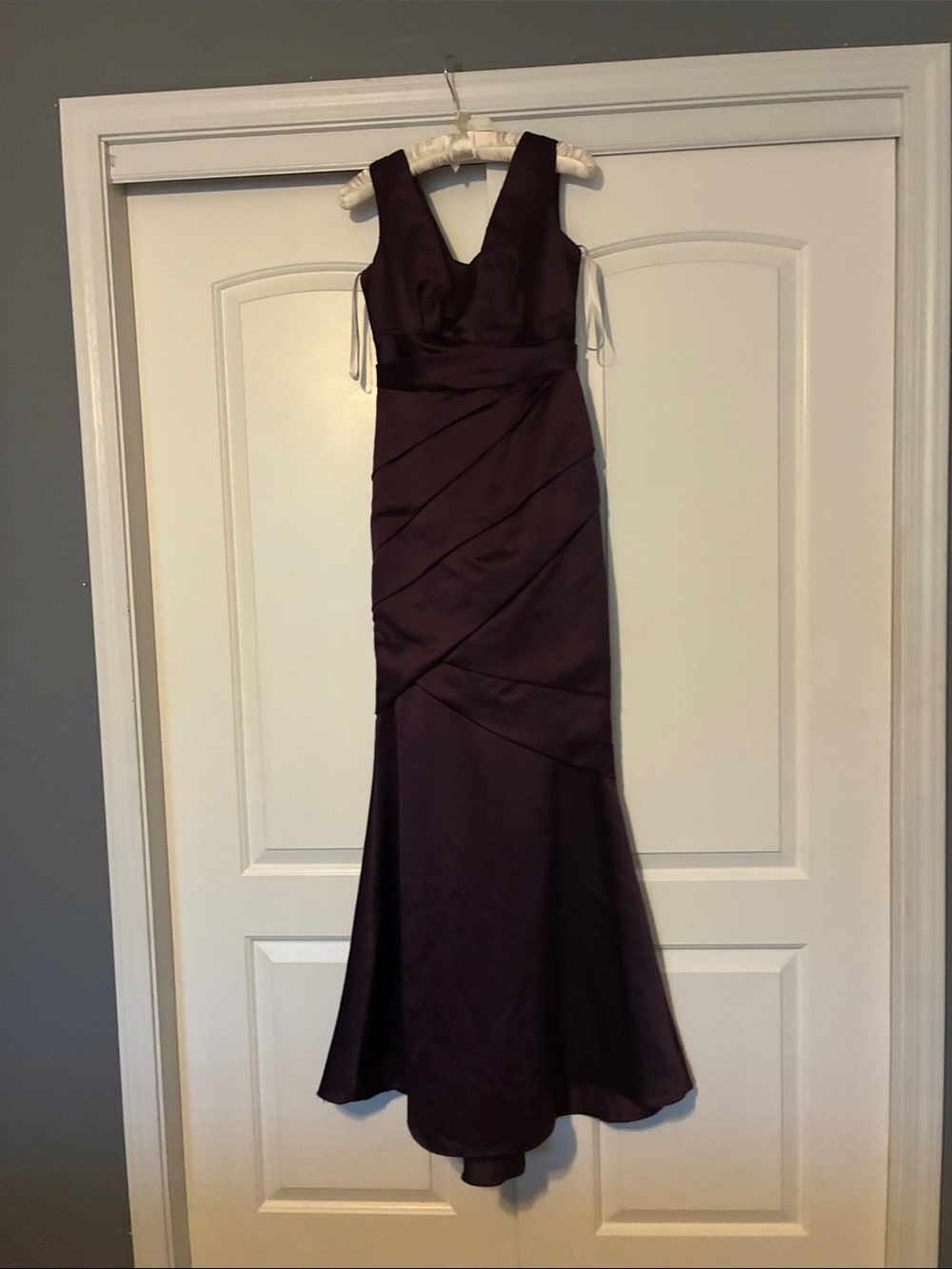 David's Bridal Deep Plum Satin Maxi Dress